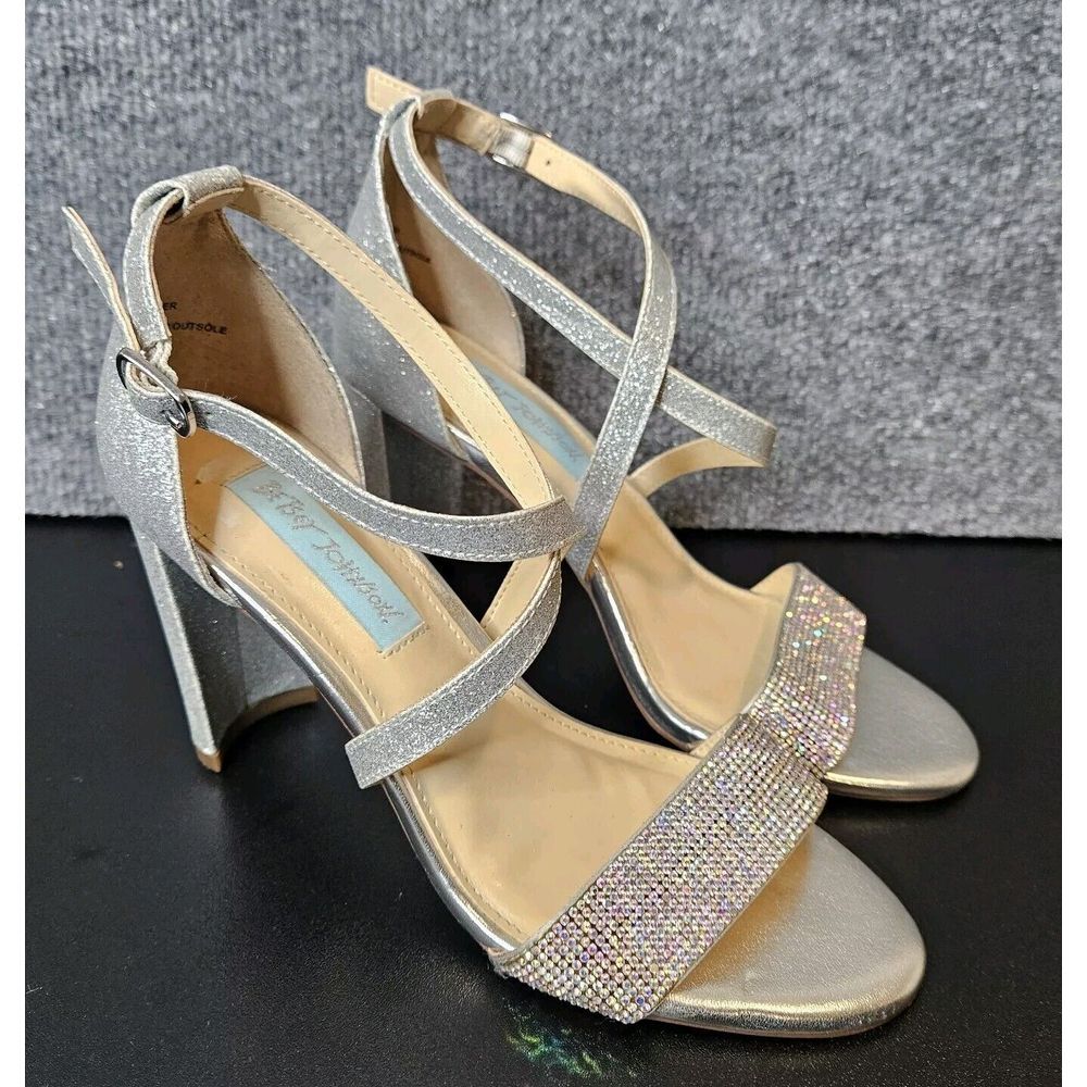Betsey Johnson Rhinestone Sandals Heels Bella Silver Glitter Size 5.5 Holiday